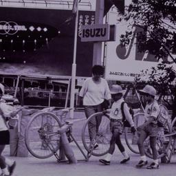 Children walking among upsi...