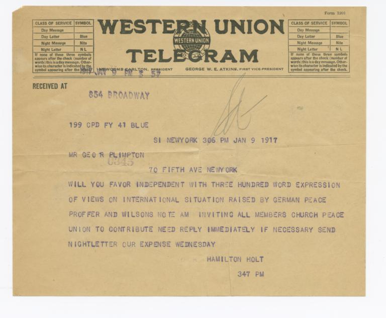 Telegram to George Arthur Plimpton, 9 January 1917
