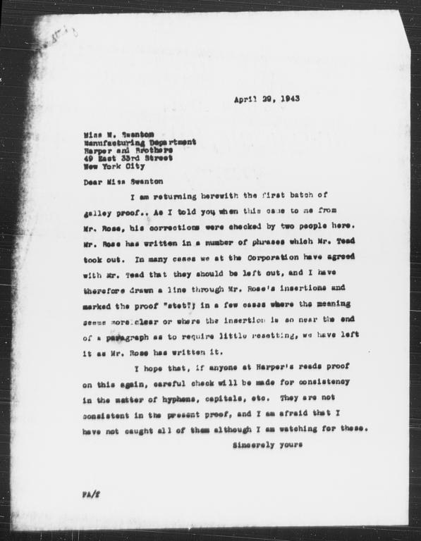 Letter from Florence Anderson to M. Swanton, April 29, 1943