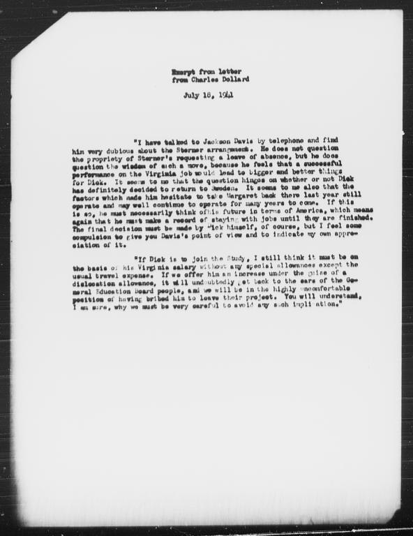 Excerpt from letter from Charles Dollard to Gunnar Myrdal, July 18, 1941; enclosed with July 19, 1941 letter from Gunnar Myrdal to Richard Sterner