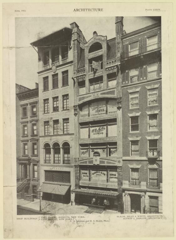 Plate LXXIV. Shop building 7 East 48th St. (Ruszits), New York. McKim, Mead and White, Architects. 9 East 48th St., New York.  Alfred E. Barlow, Architect. F. B. Johnston and M. E. Hewitt, Photo