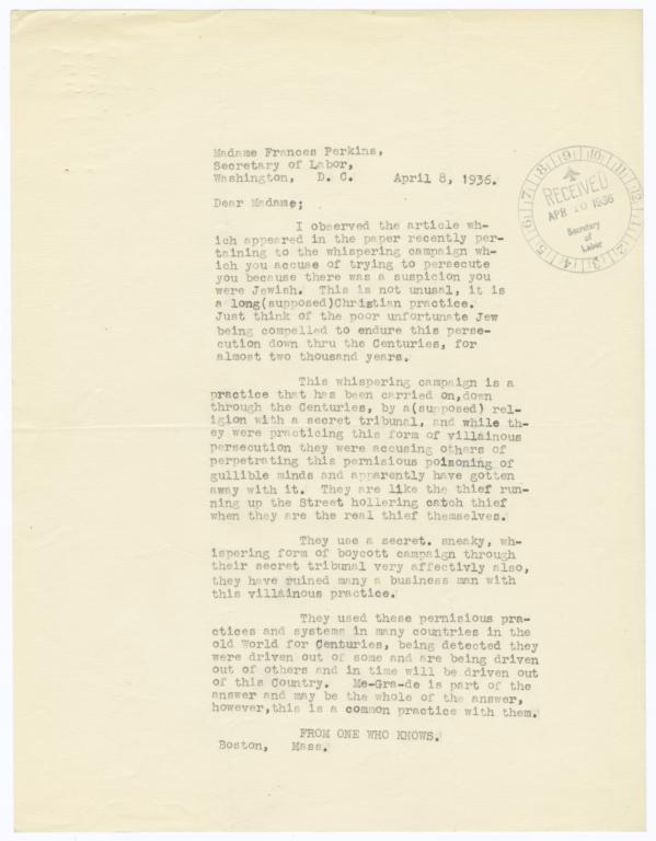 Anonymous letter sent to Secretary of Labor Frances Perkins about antisemitism