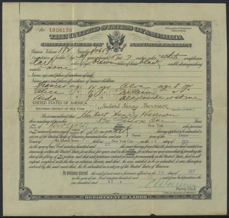 Certificate of naturalization for Hubert H. Harrison, 26 September 1922 : printed document signed