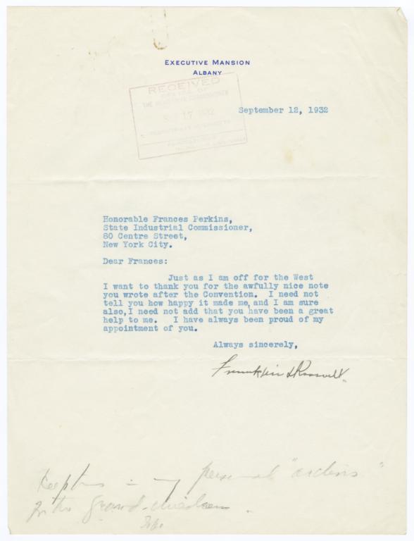 Typed letter to Frances Perkins from Governor Franklin Roosevelt, with autograph note by Perkins