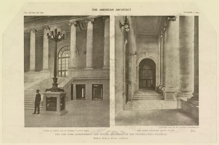 Detail of North end of General Waiting Room. View inside colonnade shown at left. The New York improvement and tunnel extension of the Pennsylvania Railroad. McKim, Mead & White, Architects