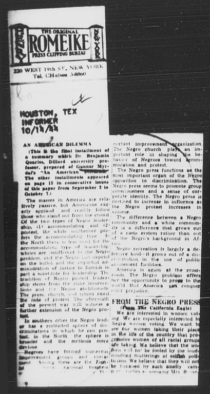 Article summarizing points from AN AMERICAN DILEMMA by Benjamin QuarIes, HOUSTON INFORMER, October 14, 1944