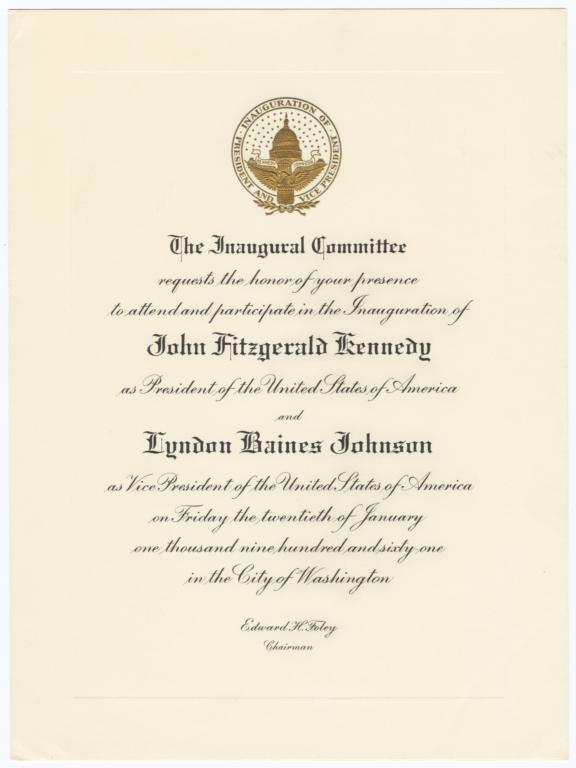 Invitation to the Inauguration of President Kennedy sent to Frances Perkins