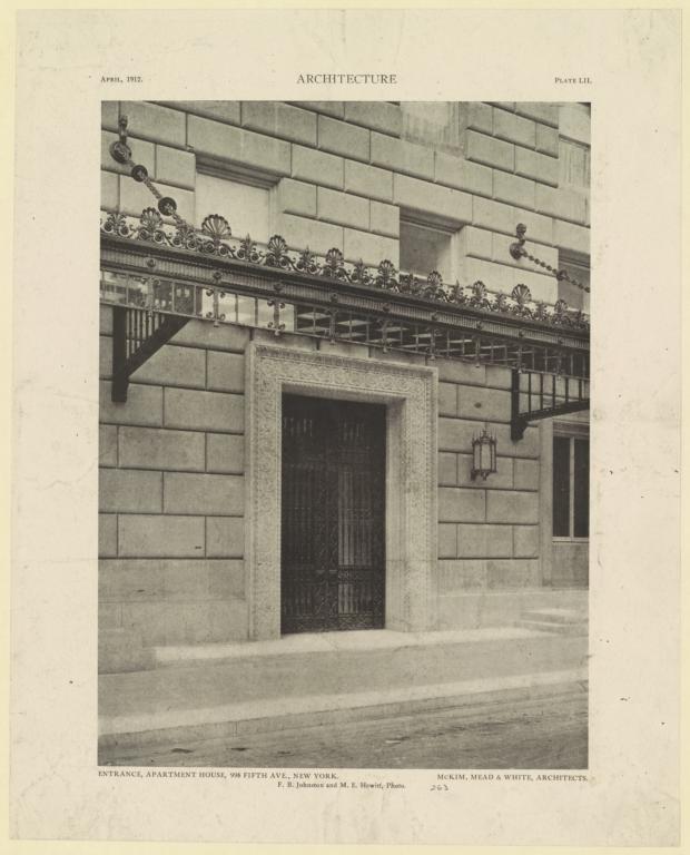Plate LII. Entrance, apartment house, 998 Fifth Ave., New York. McKim, Mead & White, Architects. F. B. Johnston and M. E. Hewitt, Photo