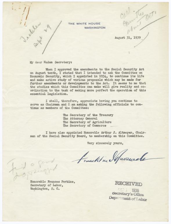 Letter from President Franklin Delano Roosevelt to Secretary of Labor Frances Perkins about the Committee on Economic Security