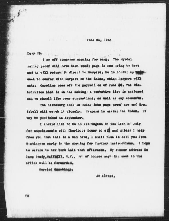 Letter from Florence Anderson to Charles Dollard, June 24, 1943