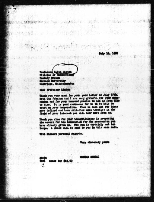 Letter from Gunnar Myrdal to Ralph Linton, July 10, 1939