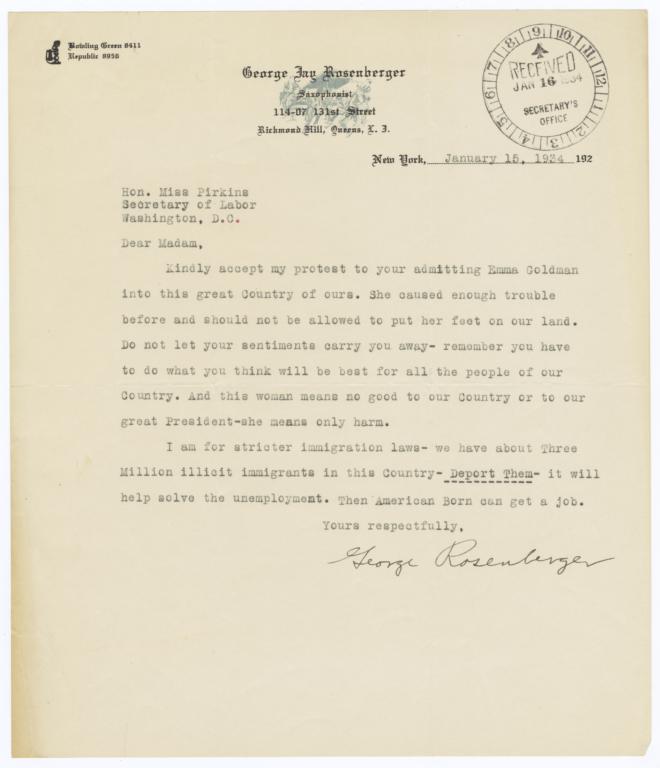 Letter from George Rosenberger to Secretary of Labor Frances Perkins about Emma Goldman