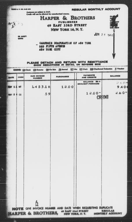 Invoice from Harper & Brothers to Carnegie Corporation of New York, June 28, 1944