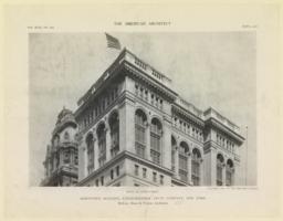 Detail of upper stories. Downtown building, Knickerbocker Trust Company, New York. McKim, Mead & White, Architects
