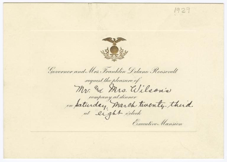 Dinner invitation from Governor Franklin Roosevelt to Frances Perkins and her husband