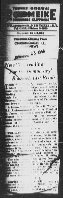 Article mentioning AN AMERICAN DILEMMA, "New 'Reading For Democracy' Book List Ready," CHICAGO NEWS, January 23, 1946