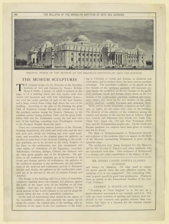 Original design of the Museum of the Brooklyn Institute of Arts and Sciences. Article on "The Museum Sculptures