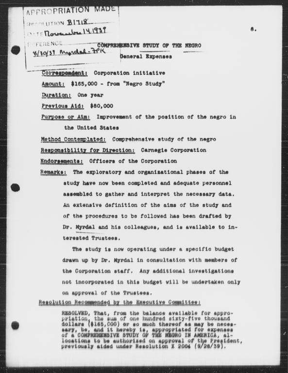 Appropriation for continuation of Carnegie-Myrdal Study, November 14, 1939