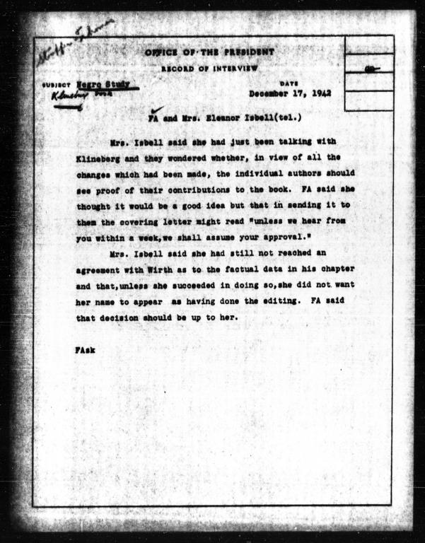 Memorandum from Florence Anderson to Charles Dollard regarding telephone conversation with Eleanor C. Isbell, December 17, 1942