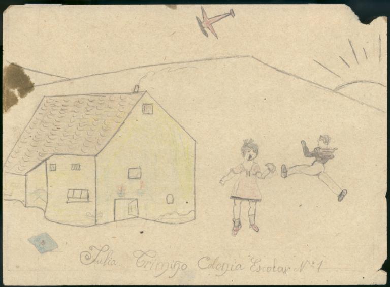 Boy And Girl Playing Outside A Country House With A Plane Overhead