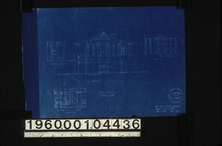 East elevation; interior elevations -- view of north side of entry\, south and west sides of bathroom\, laundry cases : Sheet no. 6.
