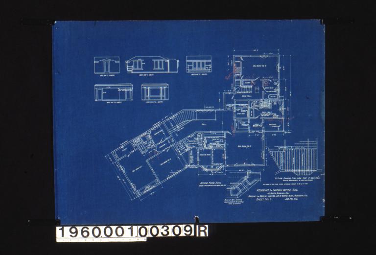 Second floor plan\, plan of bay showing arrangement of casings\, 2nd floor framing plan over part of main hall showing arrangement of joists and headers\, bed rm. #1 north elevation\, bed rm. #1 west elevation\, bed rm. #1 south elevation\, bed rm. #3 north elevation\, morning rm. south elevation : Sheet no 3.
