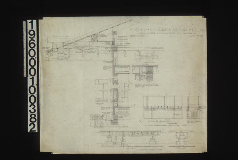 1/2 in. scale wall section showing rafters and door and window framing\, exterior and interior elevations of window\, splice for sill in plan and section\, plan of beams\, detail of beam work in hall showing relation of beam work on rear terrace\, elevations of porte cochere -- side elev. end elev.