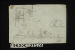 Plan of garage and yard; section on line X-X (see north elevation); elev. of gate; south elevation; east elevation; detail of lintels over window & door openings; detail of wall plate\, etc.; north elevation; west elevation : Sheet no. 1.
