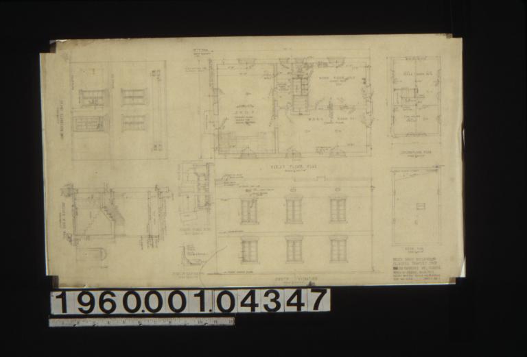 Front elevation (west); first floor plan; second floor plan; section of side wall; window frames detail; detail of roof flashing; south elevation; roof plan : Sheet no. 1. (3)
