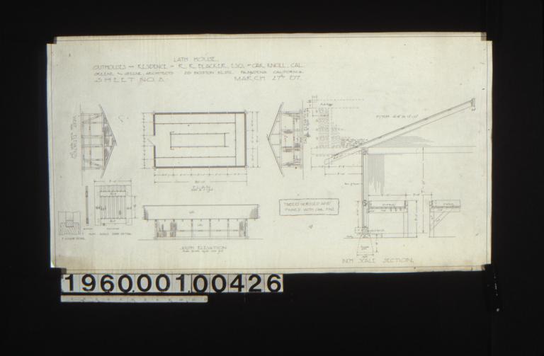 Lathhouse -- west elevation\, plan\, east elevation\, F. S. door detail\, inch scale door detail in section and elevation\, south elevation\, inch scale section through wall and roof and tables\, detail drawing of lath spacing : Sheet no. 8\,
