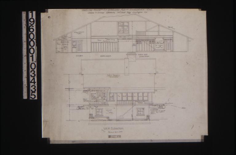 West elevation; interior elevation showing screened porch\, kitchen\, dining room\, and north side of living room : Sheet no. 6.