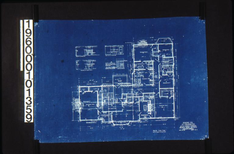 Second floor plan; west elev. of room no. 5\, north elev. of rom no. 4\, front and side elevations of mantel in room no. 3 and mantel in room no. 1 : Sheet no. 3.
