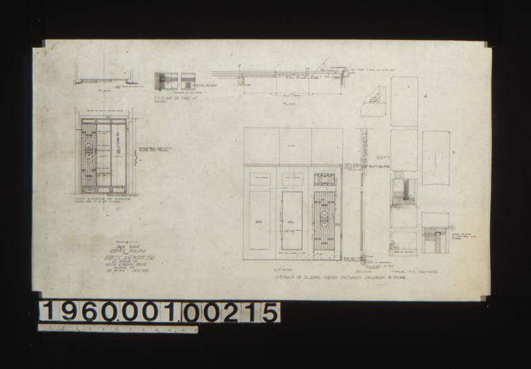 Plan and front elevation of elevator doors for 1st & 2nd floors\, Full scale plan of edge of doors; details of sliding doors between showroom & rear -- plan\, elevation\, section\, typical F.S. sections :nSheet no. 20.