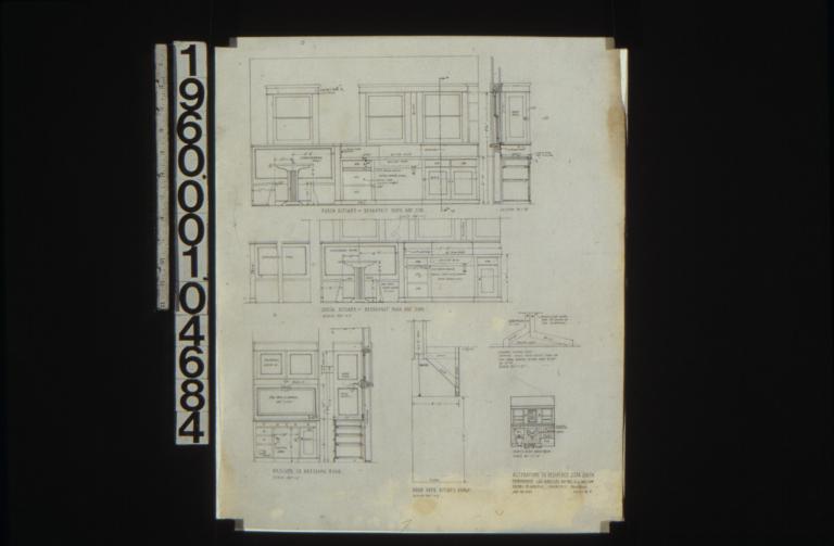 Elevation of north kitchen showing breakfast nook and sink with section A-B; elevation of south kitchen showing breakfast nook and sink; elevation and section of dresser in dressing room; section of hood over kitchen range\, elevation looking towards west showing vents each 6"x12" from the two hoods merged in one vent 8"x18" in attic; elevation of north side of bathroom : Sheet no. 6. (2)