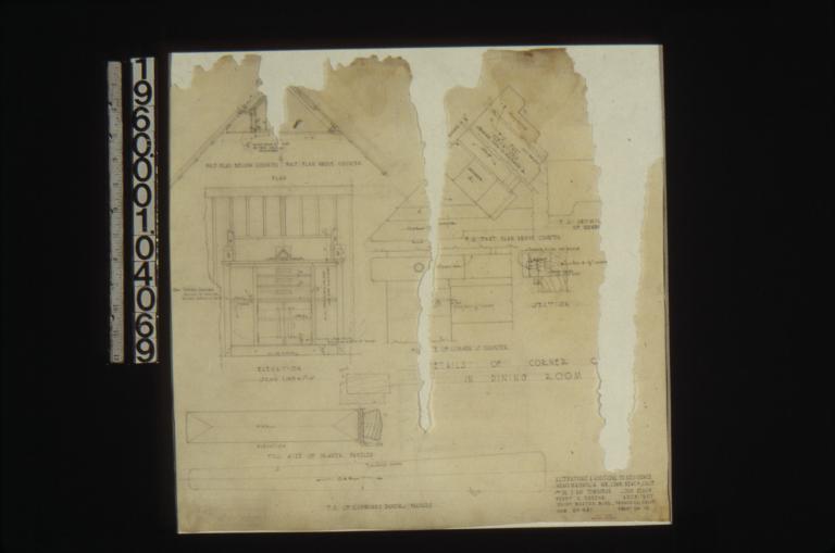 Details of corner counter in dining room -- plan showing half plan below counter\, half plan above counter; elevation with section of corner and F.S.D. of base; full size of drawer handles -- elevation\, section; F.S. of cupboard door handles; F.S. part plan above counter\, F.S. part elevations showing cuts in member A; full size of corner at counter with section; F.S. showing outline of member B : Sheet no. 15.