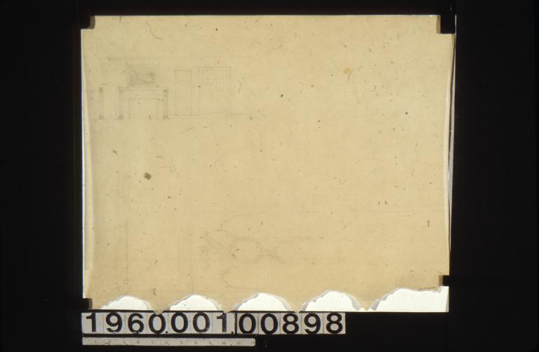 Side and front elevations of living room mantel\, detail drawings of ornament for mantel