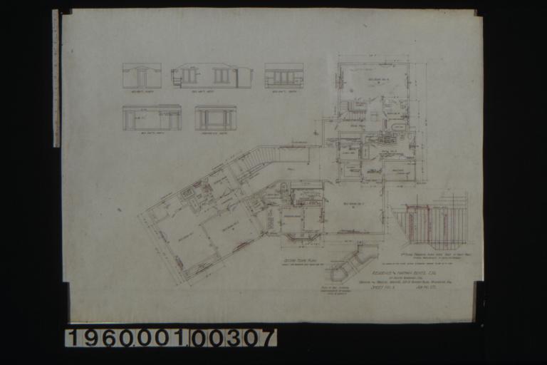 Second floor plan\, plan of bay showing arrangement of casings\, 2nd floor framing plan over part of main hall showing arrangement of joists and headers\, bed rm. #1 north elevation\, bed rm. #1 west elevation\, bed rm. #1 south elevation\, bed rm. #3 north elevation\, morning rm. south elevation : Sheet no 3. (3)