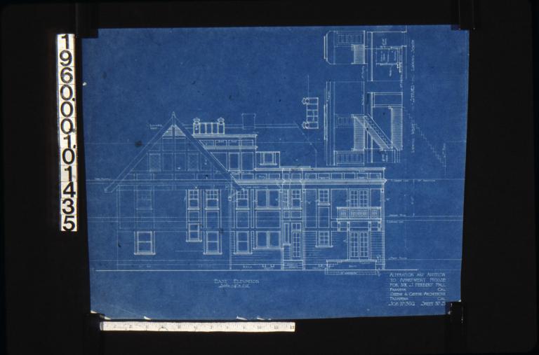 East elevation; elevations of stairs looking west and looking south : Sheet no. 5.
