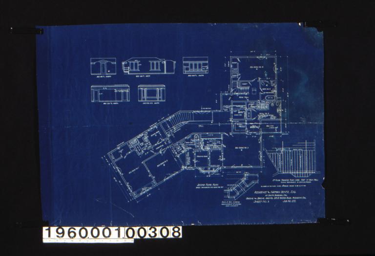 Second floor plan\, plan of bay showing arrangement of casings\, 2nd floor framing plan over part of main hall showing arrangement of joists and headers\, bed rm. #1 north elevation\, bed rm. #1 west elevation\, bed rm. #1 south elevation\, bed rm. #3 north elevation\, morning rm. south elevation : Sheet no 3. (2)