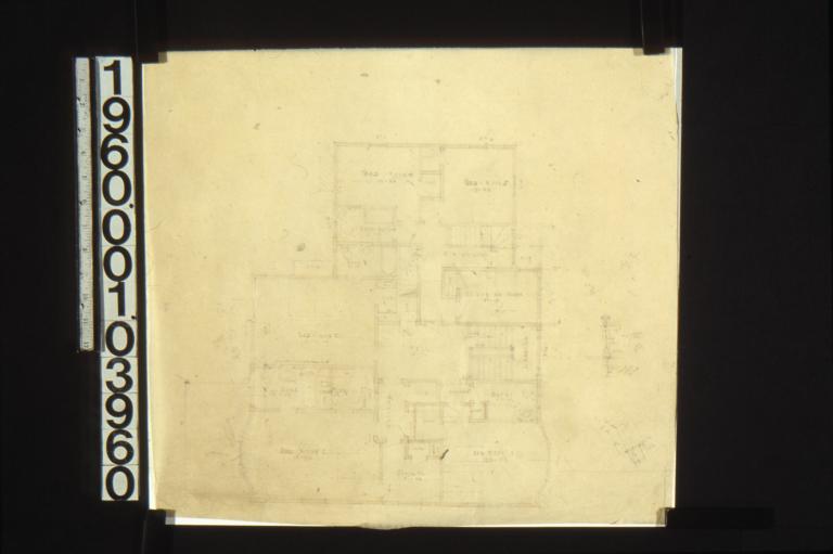 Sketch of second floor plan; section through newel on back stairs; unidentified detail