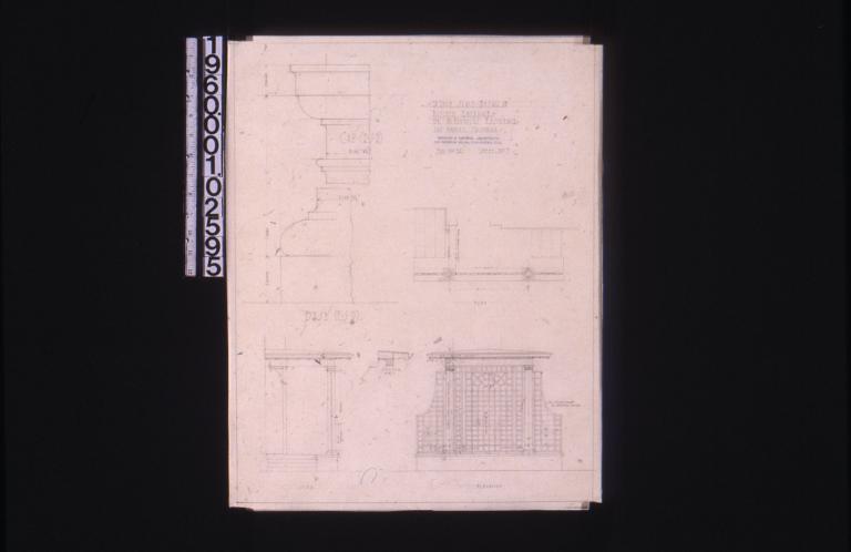 Detail of kitchen entrance -- side elevation\, plan\, front elevation\, section through edge of overhang; columns -- cap (F.S.D.)\, base (F.S.D.) : Sheet no. 7.