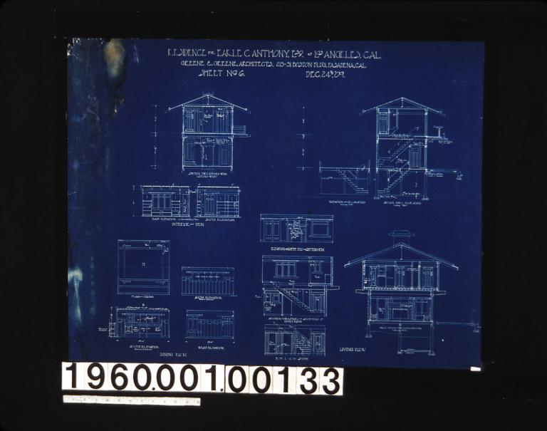 Section thru kitchen wing looking west; elevation of cellar stairs looking east; section thru rear stairs looking west; interior of den -- east elevation\, south elevation; dining room -- plan of ceiling\, south elevation without sideboard\, south elevation showing sideboard\, west elevation; elevation of north end of sitting rm̀; section thru stairs at south end of living room; elev. looking south of living room; cross section thru living r'm wing looking north : Sheet no. 6\, (2)