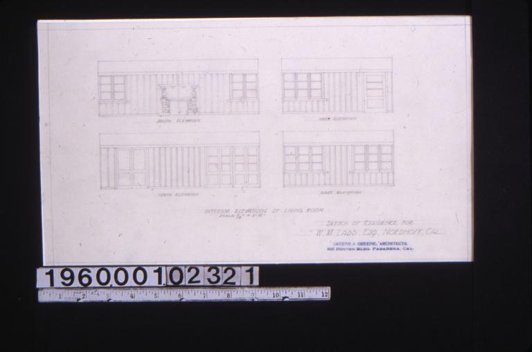 Sketch of residence -- interior elevations of living room -- south\, west\, north\, east.