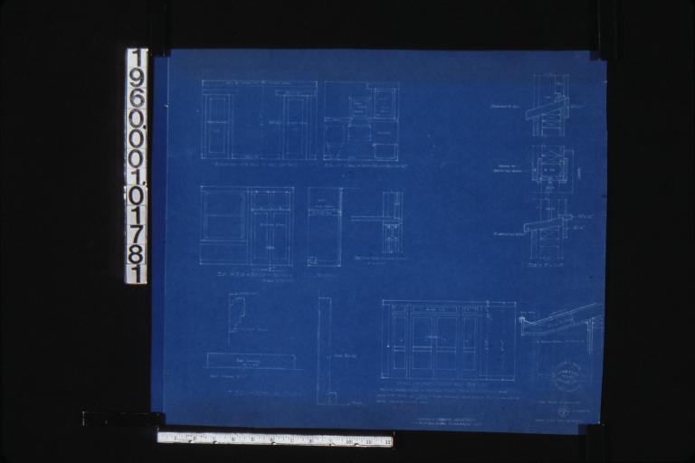 Elevation of west wall of bedrm. no. 7\, elev. of W. wall of bathrm. off bedrm. no. 7\, elevation of closet in sun rm. off bedrm. 4 with section and section thru sliding doors\, F.S.D. of interior finish\, detail of sash doors and side 1ts\, section through window\, 1 1/2" scale detail of cornice : 8. (2)