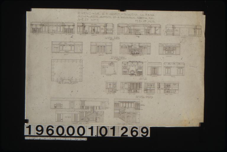 Interior elevations -- living room\, dining room\, den\, butler's pantry\, north side of hall\, est side of hall; plan of dining rm. ceiling : Sheet no. 7\,