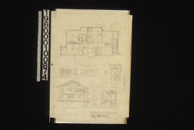 Second floor plan\, elevation and section of north side of southeast bedr'm\, elevation of west side of living room\, west elevation\, partial cellar plan\, partial first floor plan : Sheet no. 1.