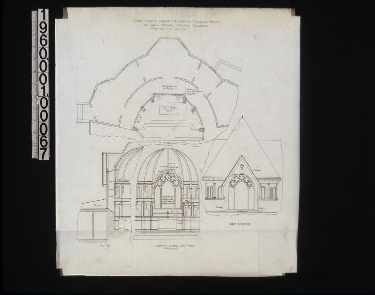 Plans showing change of the Cravens memorial window -- plan\, section\, elevation looking east (interior)\, west elevation. (2)
