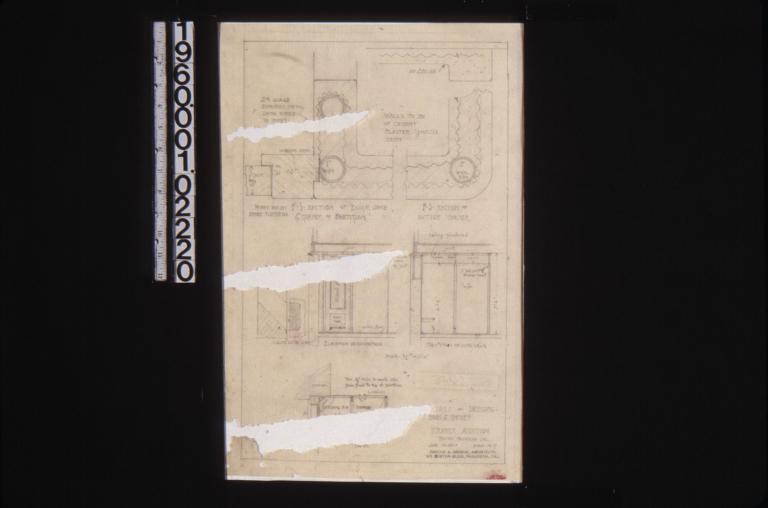 Details of dressing-room & shower -- F.S. section of door jamb & corner of partition\, F.S. section of outside corner\, elevation of south side with full size detail\, section on line A-A\, plan : Sheet no. 17.