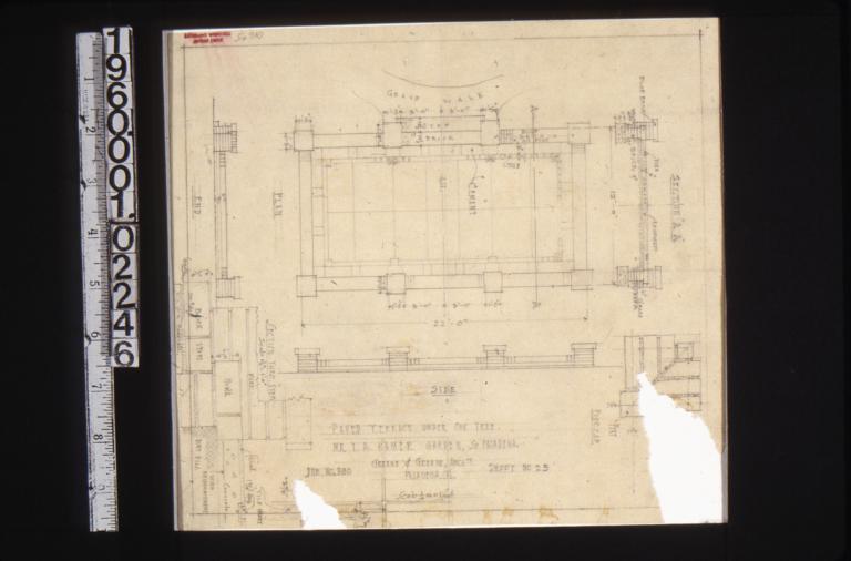 Paved terrace under oak tree -- plan\, side and end elevations\, section "A-A"\, detail of pier cap\, section thro' step : Sheet no. 23.