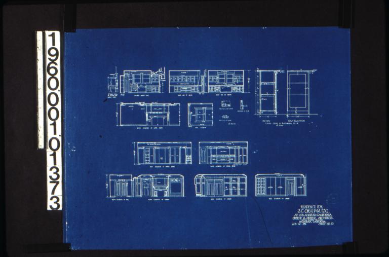 Details of kitchen and pantry in elevations and sections; living room -- south elevation\, west elevation showing side of mantel; linen case in bathroom no. 2 -- section\, half elevation; dining room -- west elevation\, north elevation\, south elevation\, west elevation : Sheet no. 10.